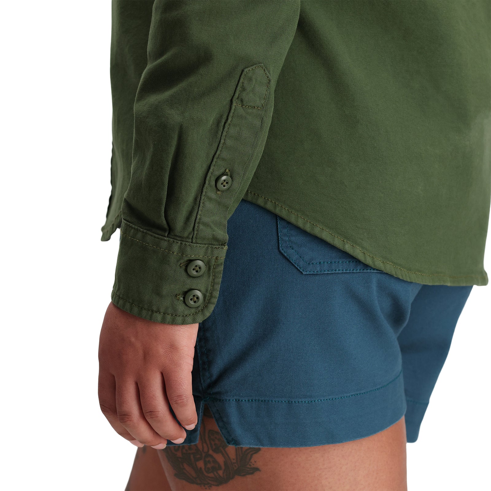 Detail shot of Topo Designs Women's Dirt Shirt in "Olive" Green.