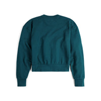 Back of Topo Designs Women's Dirt Crew sweatshirt in 100% organic cotton French terry in "pond blue" dark blue.