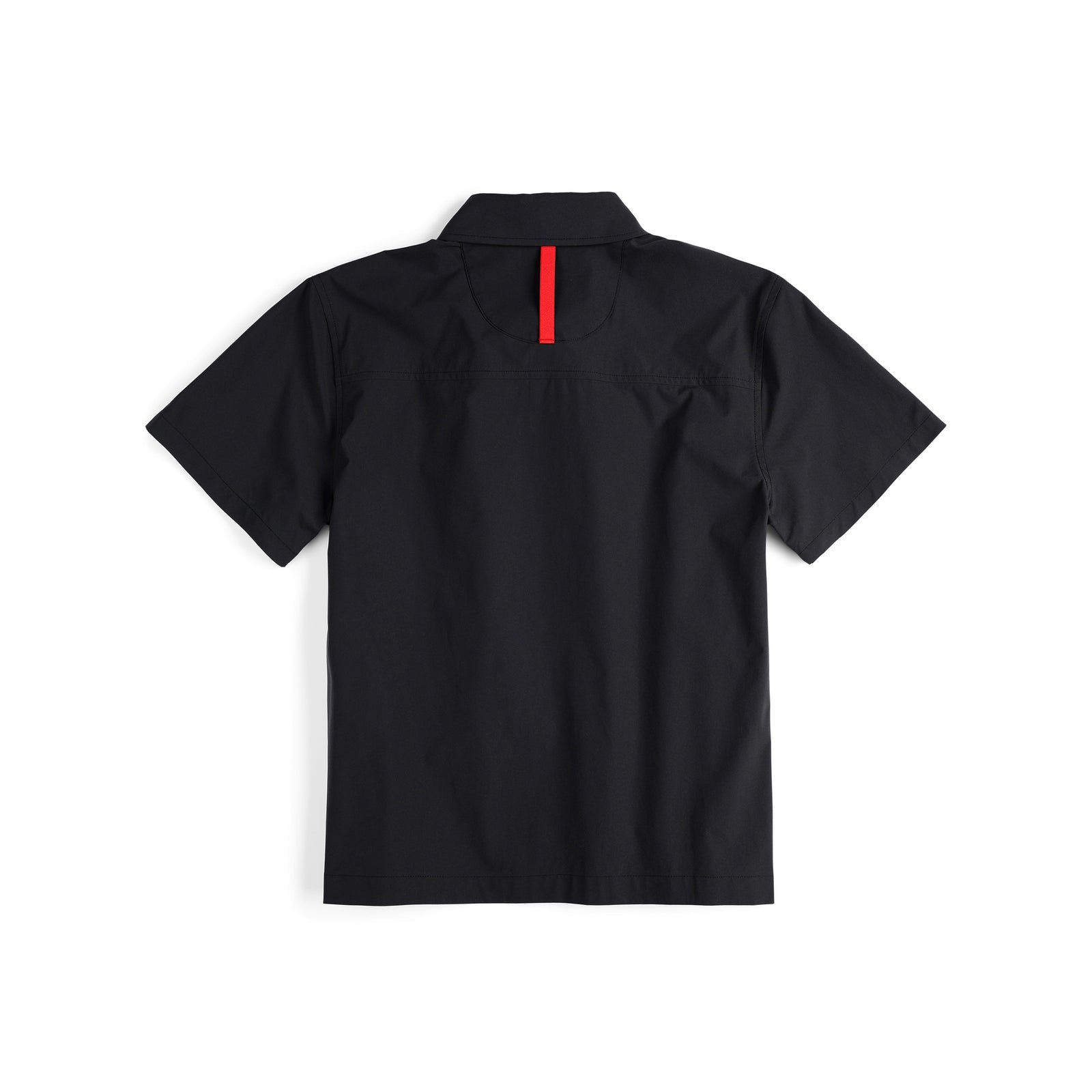 Back shot of Topo Designs Women's Global Shirt Short Sleeve 30+ UPF rated travel shirt in "Black".