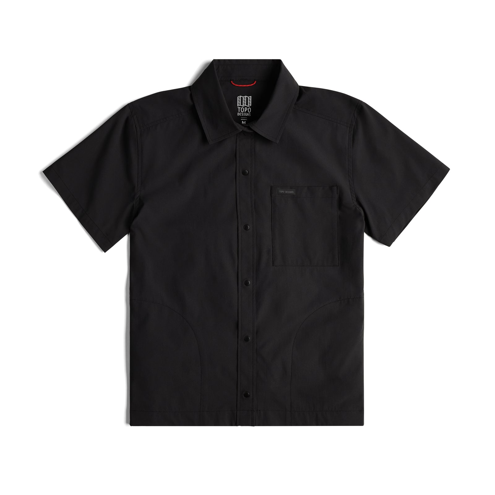 Topo Designs Women's Global Shirt Short Sleeve 30+ UPF rated travel shirt in "Black".