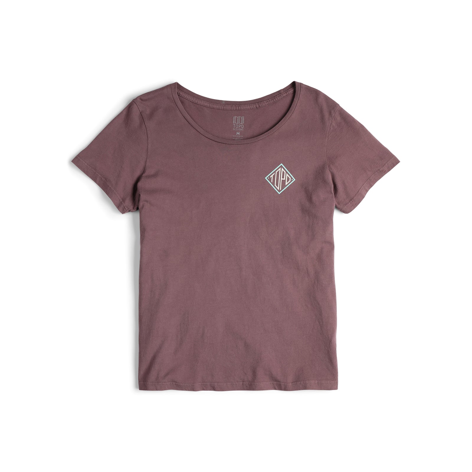 Front view of Topo Designs Women's Small Diamond Tee 100% organic cotton short sleeve graphic logo t-shirt in "peppercorn" purple brown.