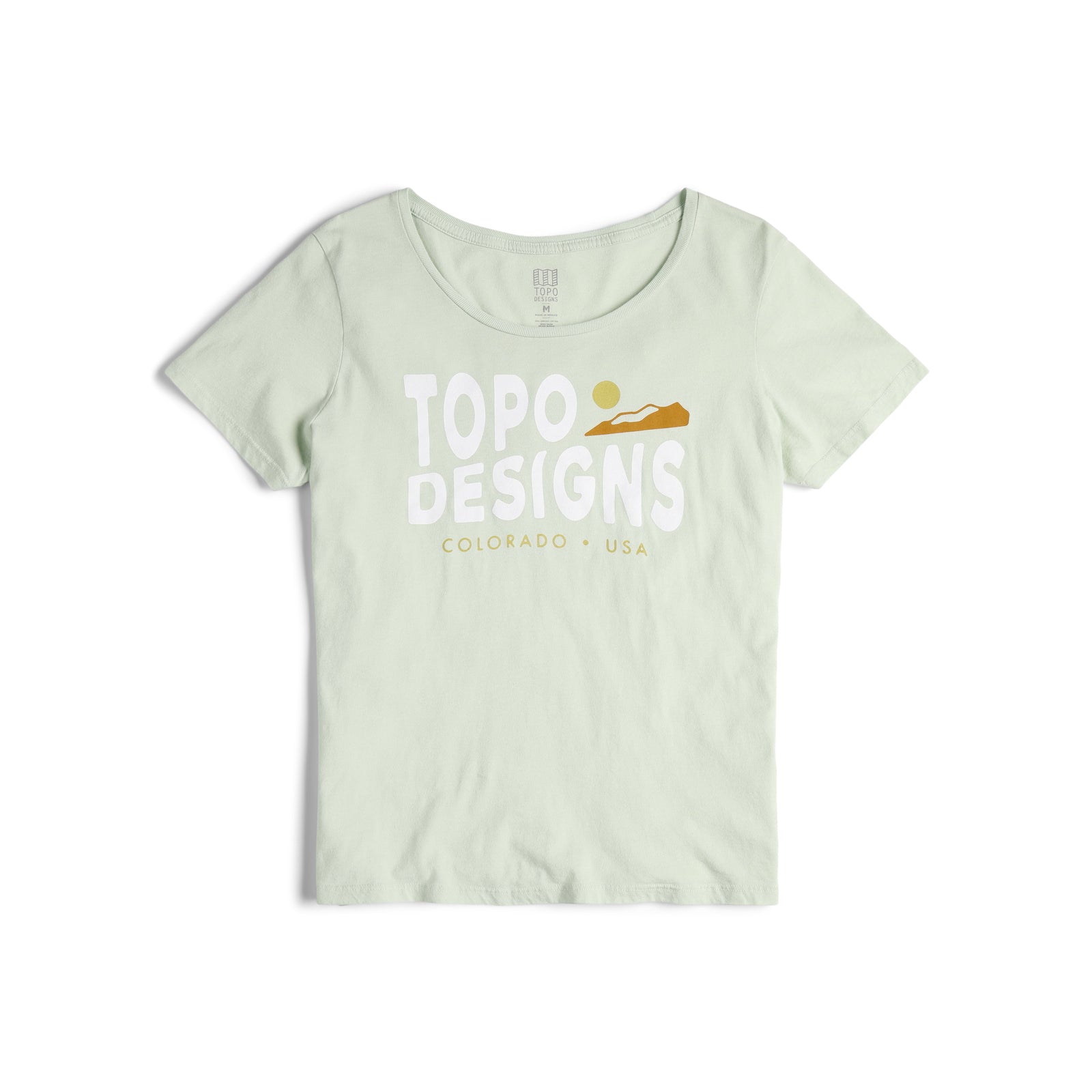 Front view of Topo Designs Women's Sunrise Tee 100% organic cotton short sleeve graphic logo t-shirt in Light Mint" green..
