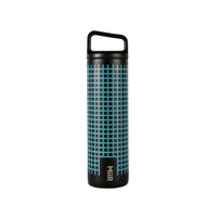 Full product shot of the Topo Designs x Miir Water Bottle showing size and Topo Designs grid pattern from the back in "Black Grid".