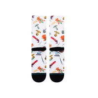 Back of Topo Designs x Stance Crew Socks with wildflowers, pinecones, and mushrooms graphic print.