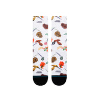 Topo Designs x Stance Crew Socks with wildflowers, pinecones, and mushrooms graphic print.