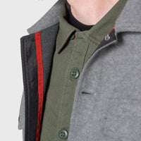 General front detail shot of men's wool shirt in gray showing inside collar