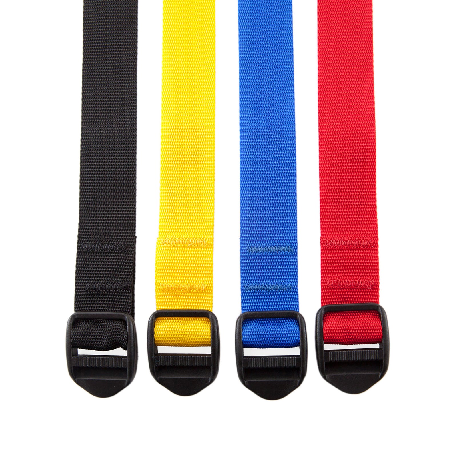 General product shot showing all accessory straps next to one another- black, yellow, blue, red.