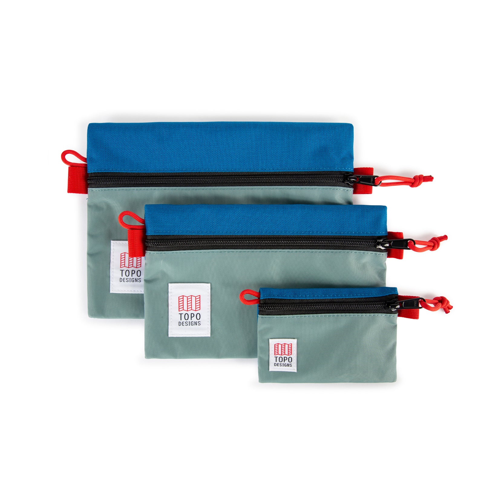 Topo Designs Accessory Bags - product shot of the "Medium", "Small", and "Micro" accessory bags in "Mineral Blue / Blue - Recycled".