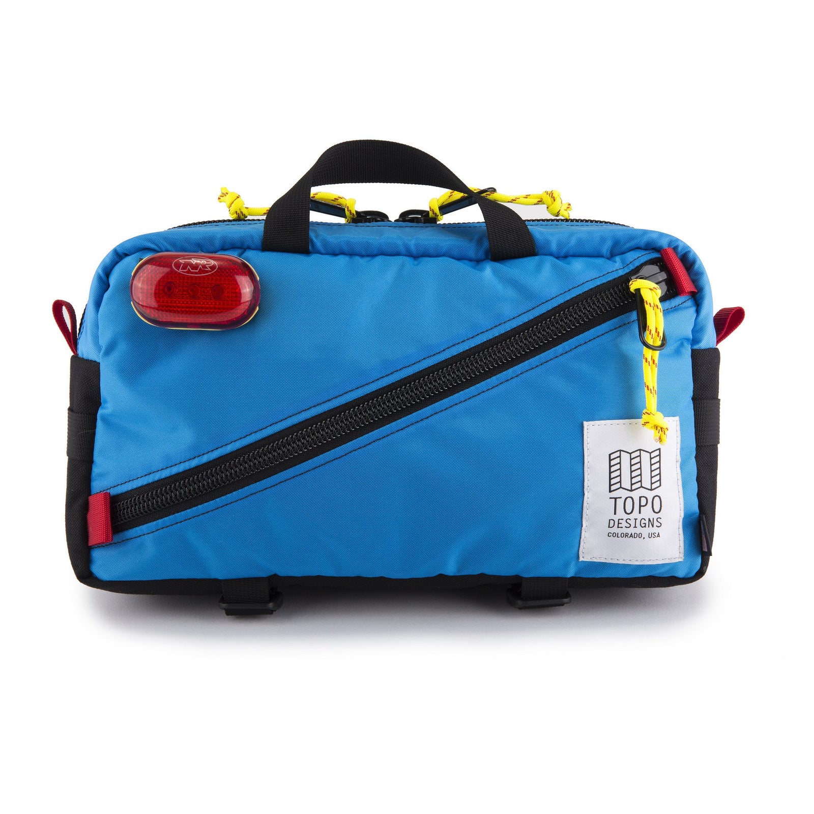 General front product shot of Topo Designs Quick Pack in Blue showing bike light attachment loop.