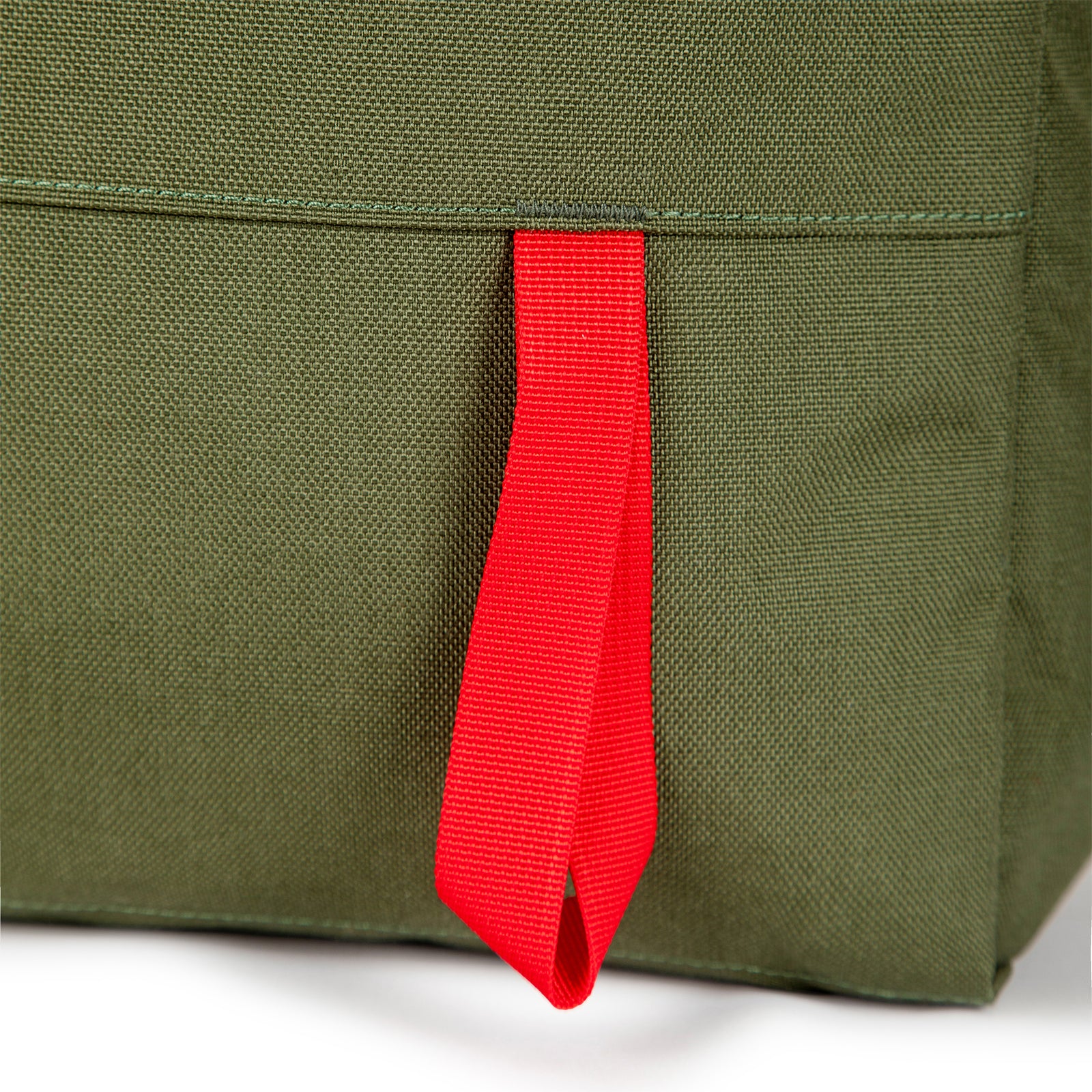 General shot of ice axe loop on Topo Designs Daypack Classic 100% recycled nylon laptop backpack for work or school in Olive green.