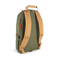 Backpack straps on Topo Designs Daypack Classic 100% recycled nylon laptop bag for work or school in "Olive" green.