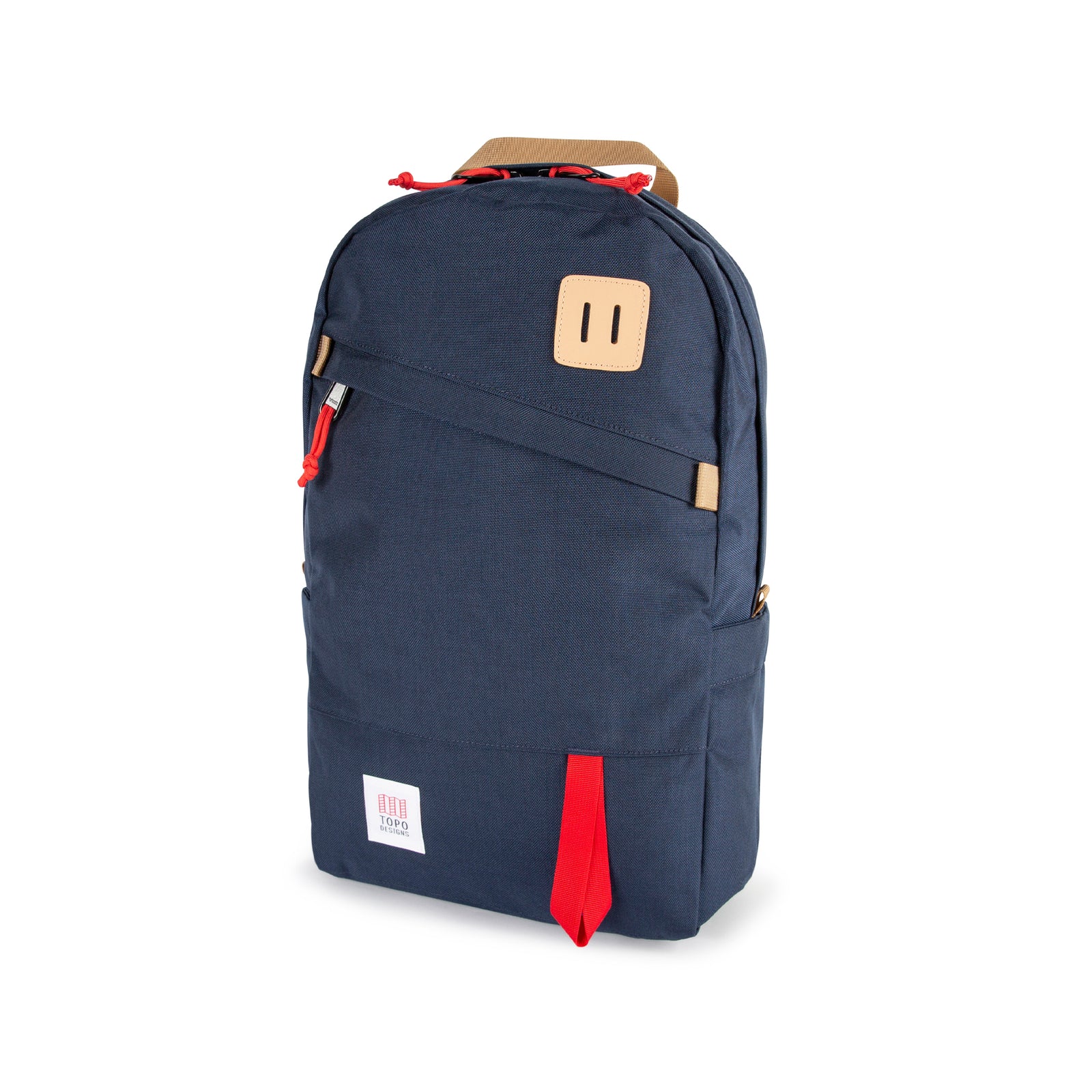 Topo Designs Daypack Classic 100% recycled nylon laptop backpack for work or school in "Navy / Red" blue.