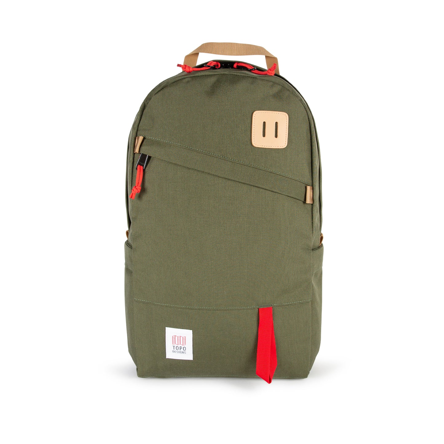 Topo Designs Daypack Classic 100% recycled nylon laptop backpack for work or school in "Olive / Red" green.