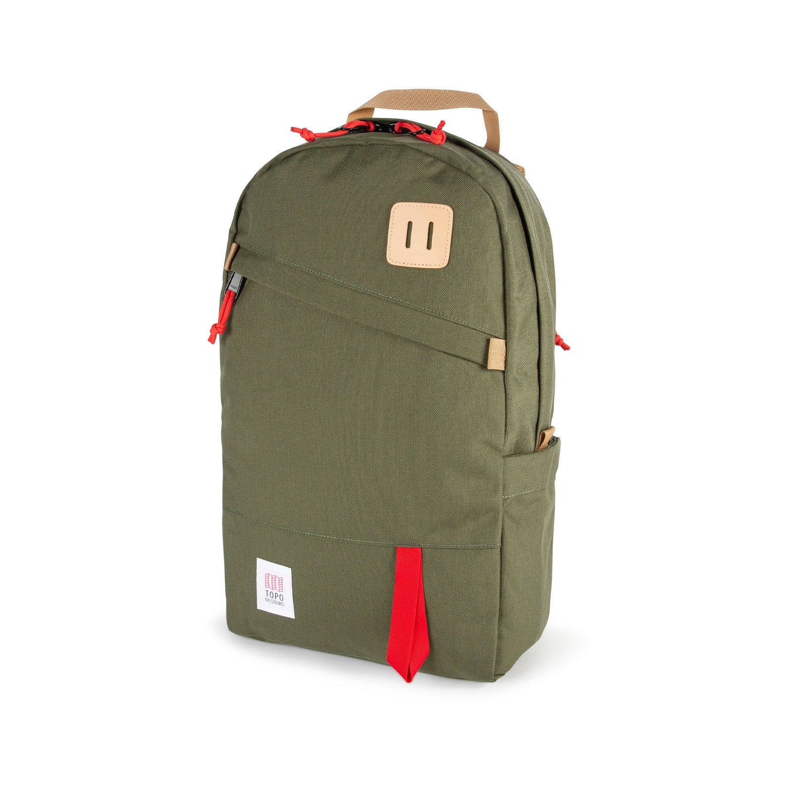 Topo Designs Daypack Classic 100% recycled nylon laptop backpack for work or school in "Olive / Red" green.
