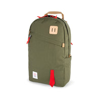 Topo Designs Daypack Classic 100% recycled nylon laptop backpack for work or school in "Olive / Red" green.