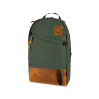 Topo Designs Made in USA Daypack Heritage Canvas in "Olive Canvas / Brown Leather" Olive green and Brown Leather.