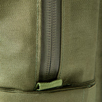 General shot of weather resistant zippers on Topo Designs Daypack Tech 100% recycled nylon backpack in "Olive" green.