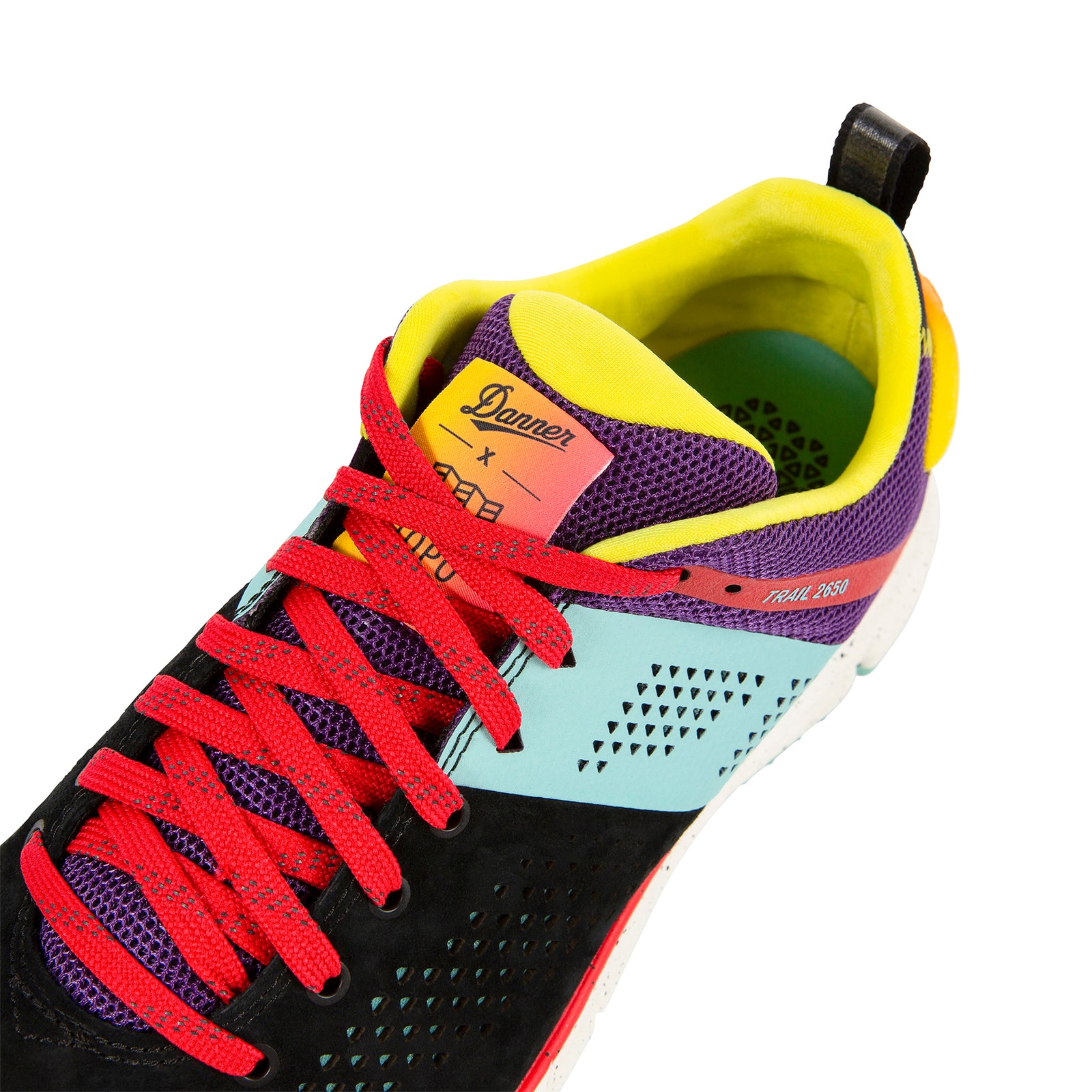 Topo Designs x Danner women's trail running shoe close up shot of top