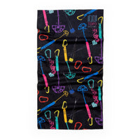 Topo Designs Neck Gaiter in "Gear - Final Sale" print Black & Neon climbing cams and carabiners.