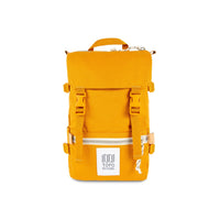 Front product shot of Topo Designs Rover Pack Mini in "Mustard" yellow canvas.