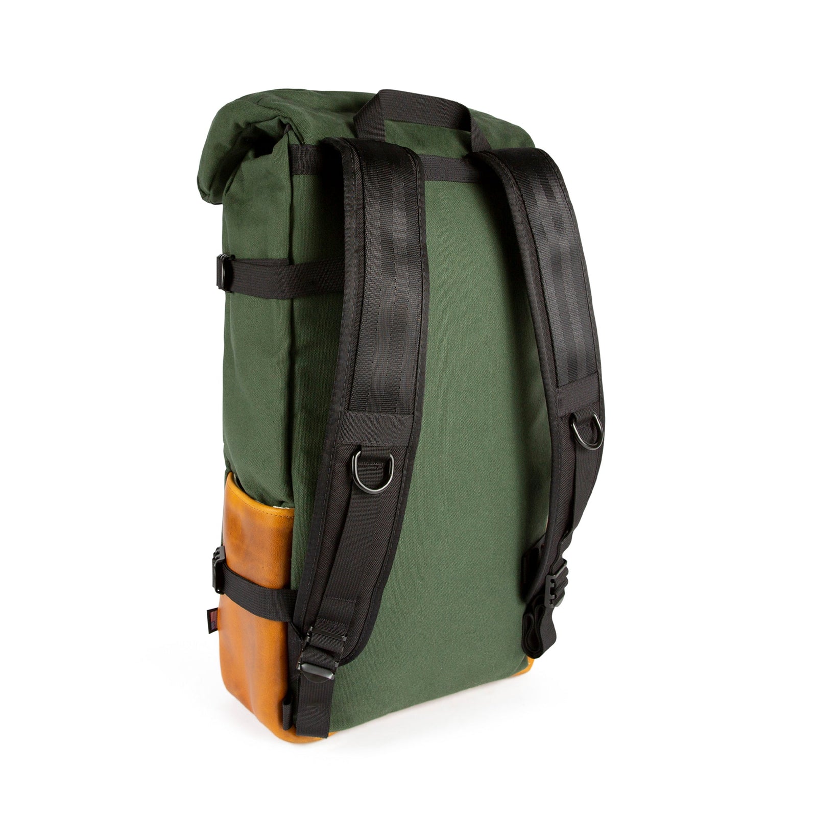 General back shot of Topo Designs Klettersack Heritage Canvas Made in USA backpack in Olive green Canvas / Brown Leather showing shoulder straps.