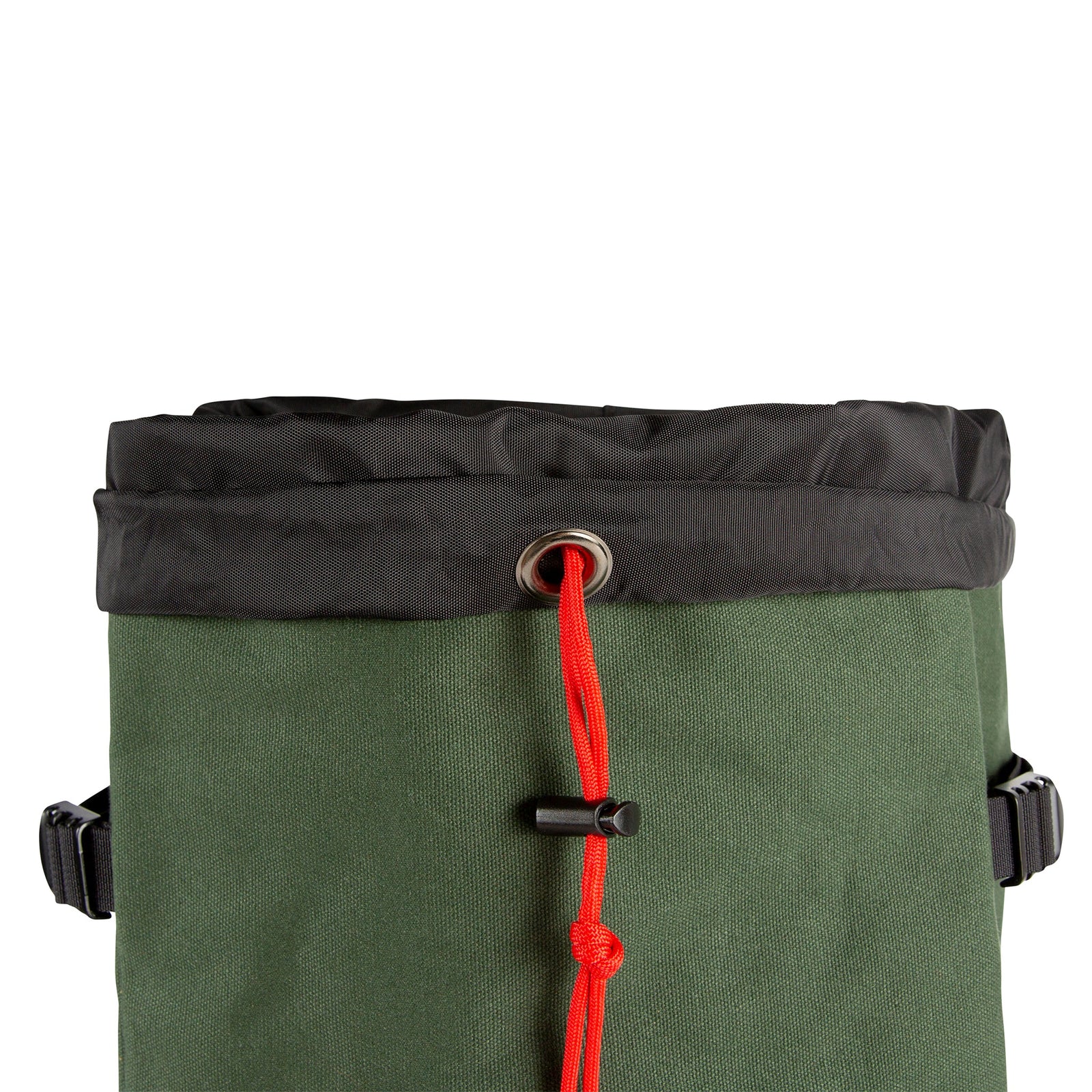 General close-up shot of Topo Designs Klettersack Heritage Canvas backpack in Olive green Canvas / Brown Leather showing red cinch cord on top closure.