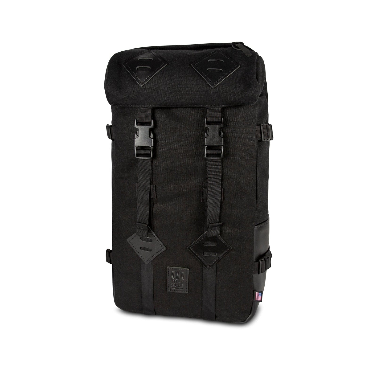 Topo Designs Klettersack Heritage Canvas Made in USA backpack in "Black Canvas / Black Leather".