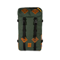 Topo Designs Klettersack Heritage Canvas Made in USA backpack in "Olive Canvas / Brown Leather" green.