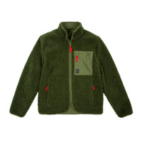 Front product shot of Topo Designs Men's Sherpa Jacket in "Olive" green showing sherpa fleece side.