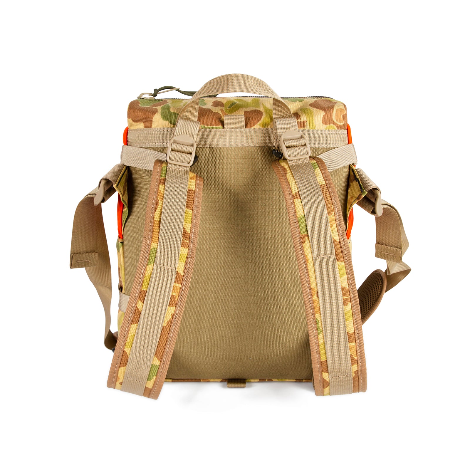 Back product shot of Topo Designs x Nanga x Natal Designs Rover Shoulder Bag in Camo showing backpack straps.