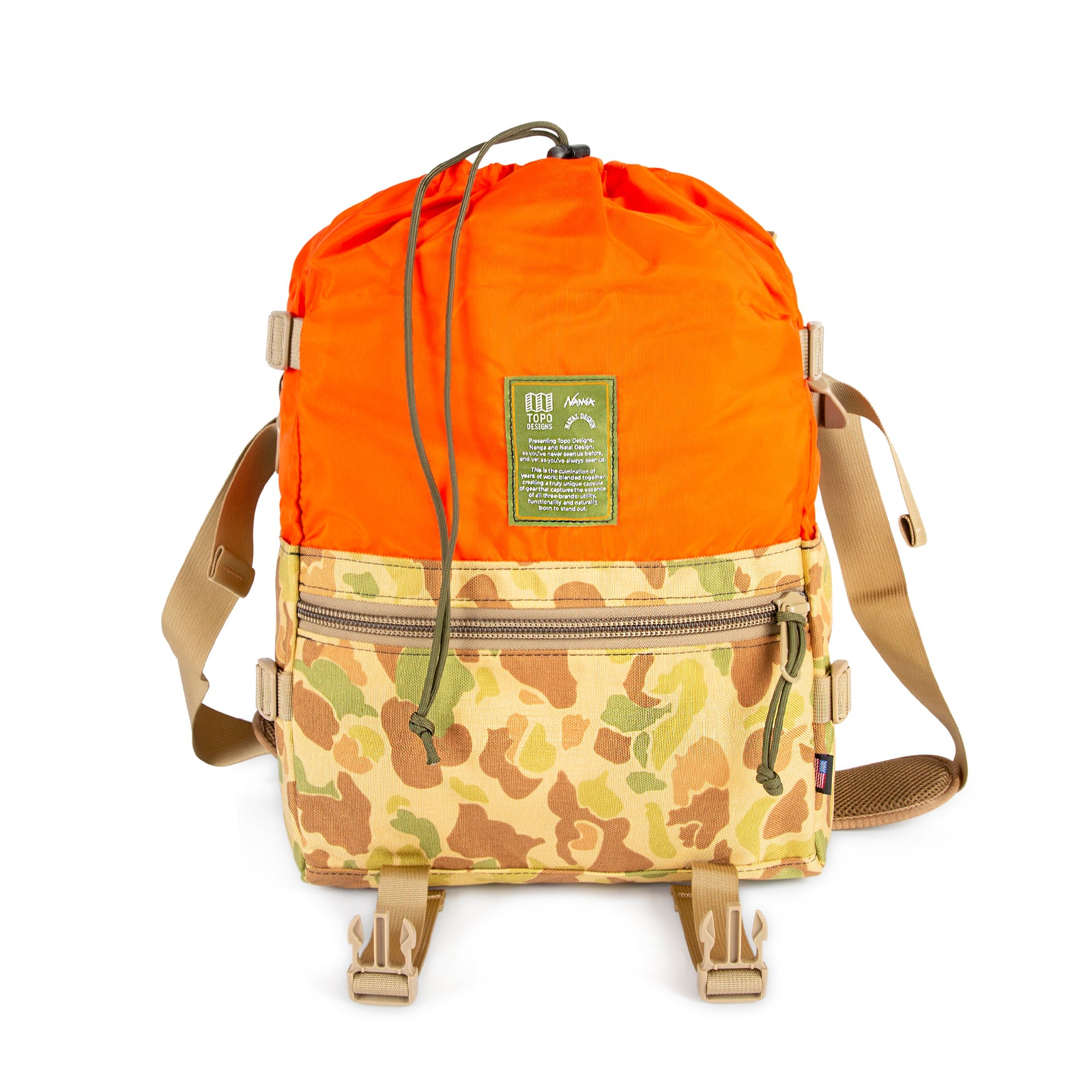 Front product shot of Topo Designs x Nanga x Natal Designs Rover Shoulder Bag in Camo with top flap open showing orange drawstring main compartment.