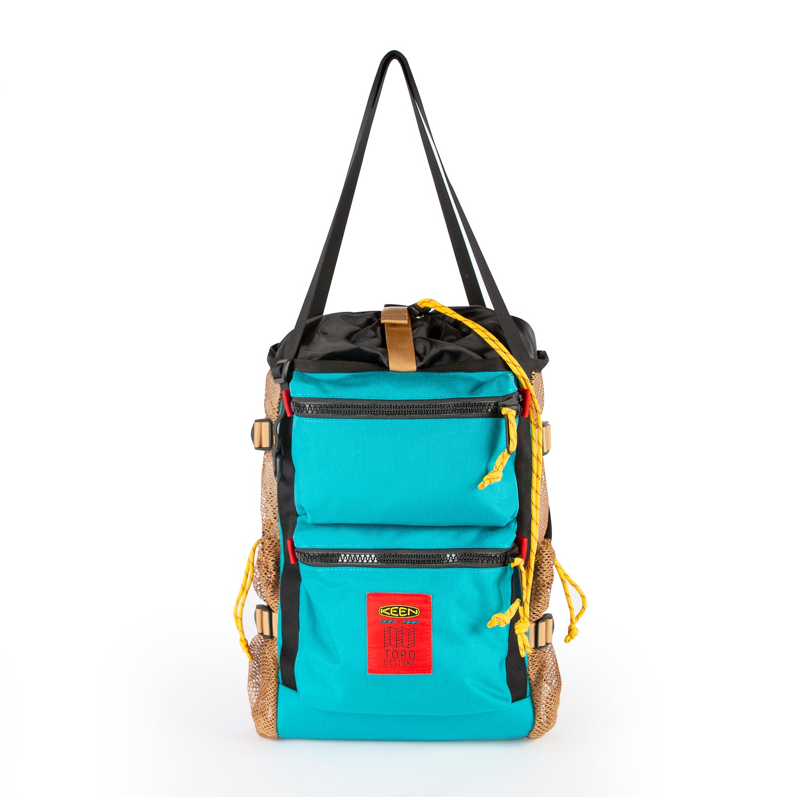 Topo Designs x Keen River Backpack Tote bag in Turquoise showing shoulder straps