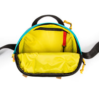 Yellow interior lining and key clip of Topo Designs x Keen River Subalpine Hip Pack fanny bum bag in Turquoise blue.