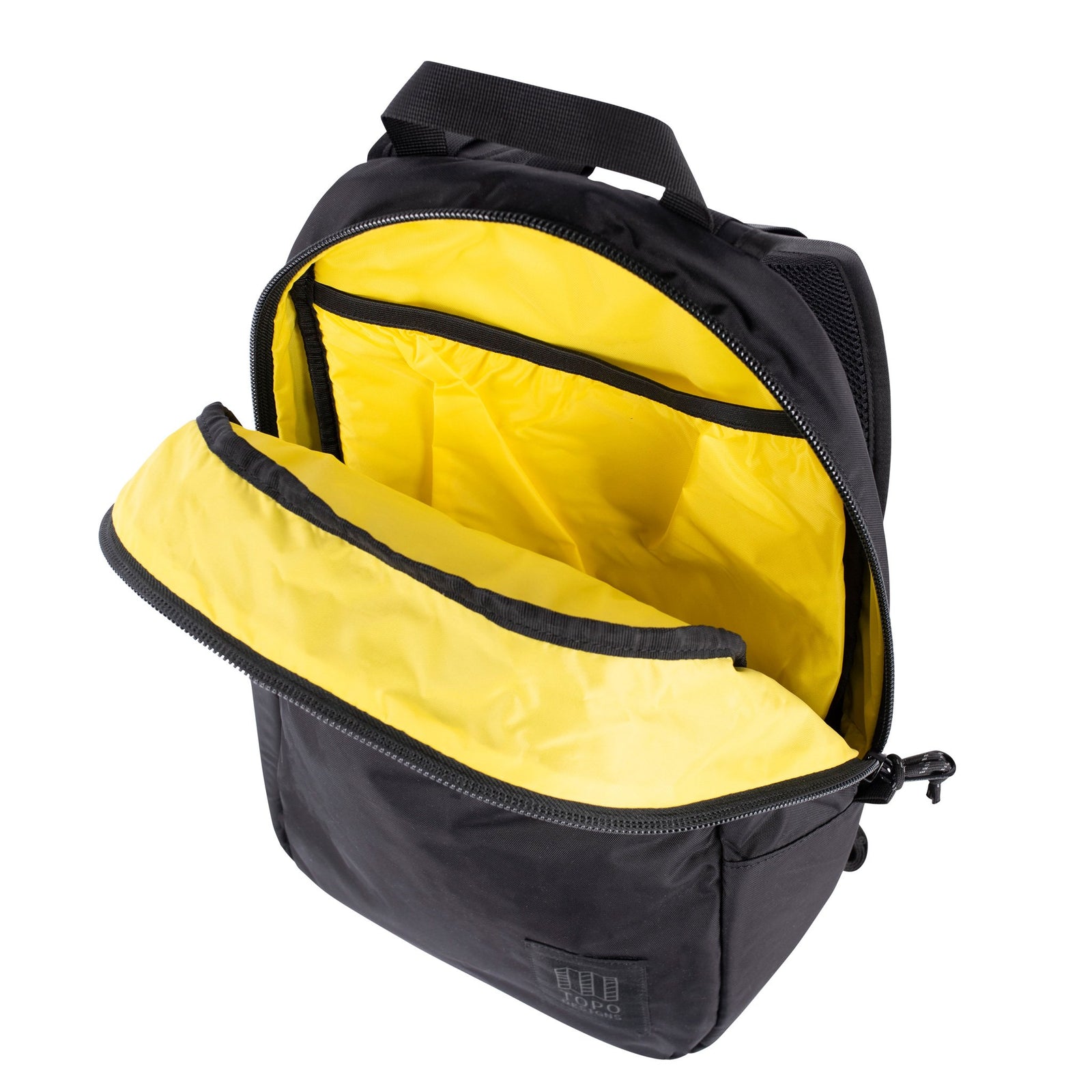 General detail product shot of Light Pack in Black/Black showing yellow lining and laptop sleeve.