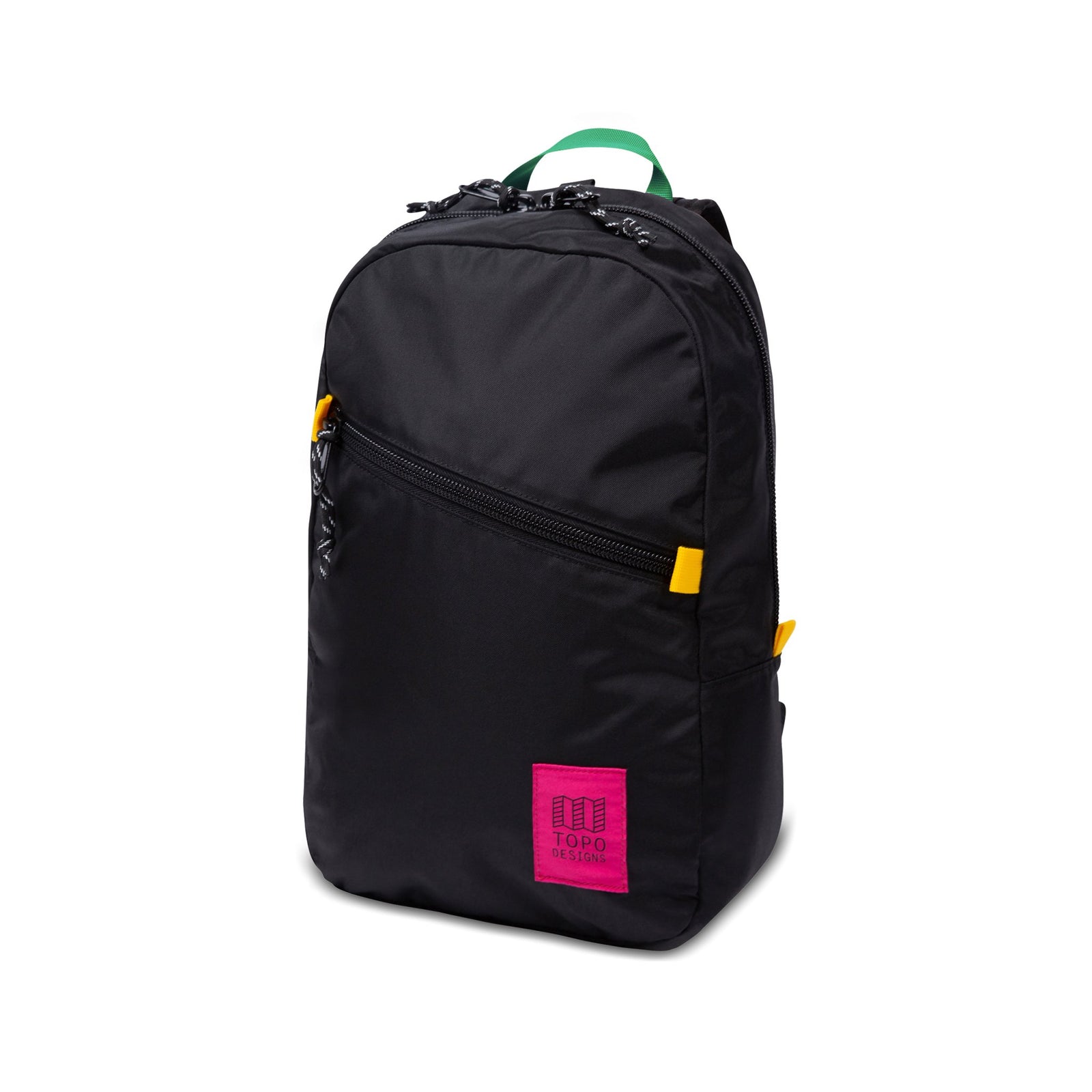 Topo Designs Light Pack laptop backpack in "Black / Neon - Recycled" with Neon Pink label and accents.