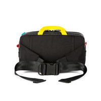 General back shot of Topo Designs Quick Pack in Red/Black Ripstop showing stowable seatbelt waist belt.