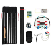 Topo Designs x Redington Fly Fishing Kit in "White / Turquoise" includes Mountain Hip Pack, rod, reel, and flies.