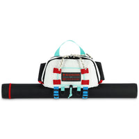 Topo Designs x Redington Fly Fishing Kit in "White / Turquoise"showing rod case attached to Mountain Hip Pack