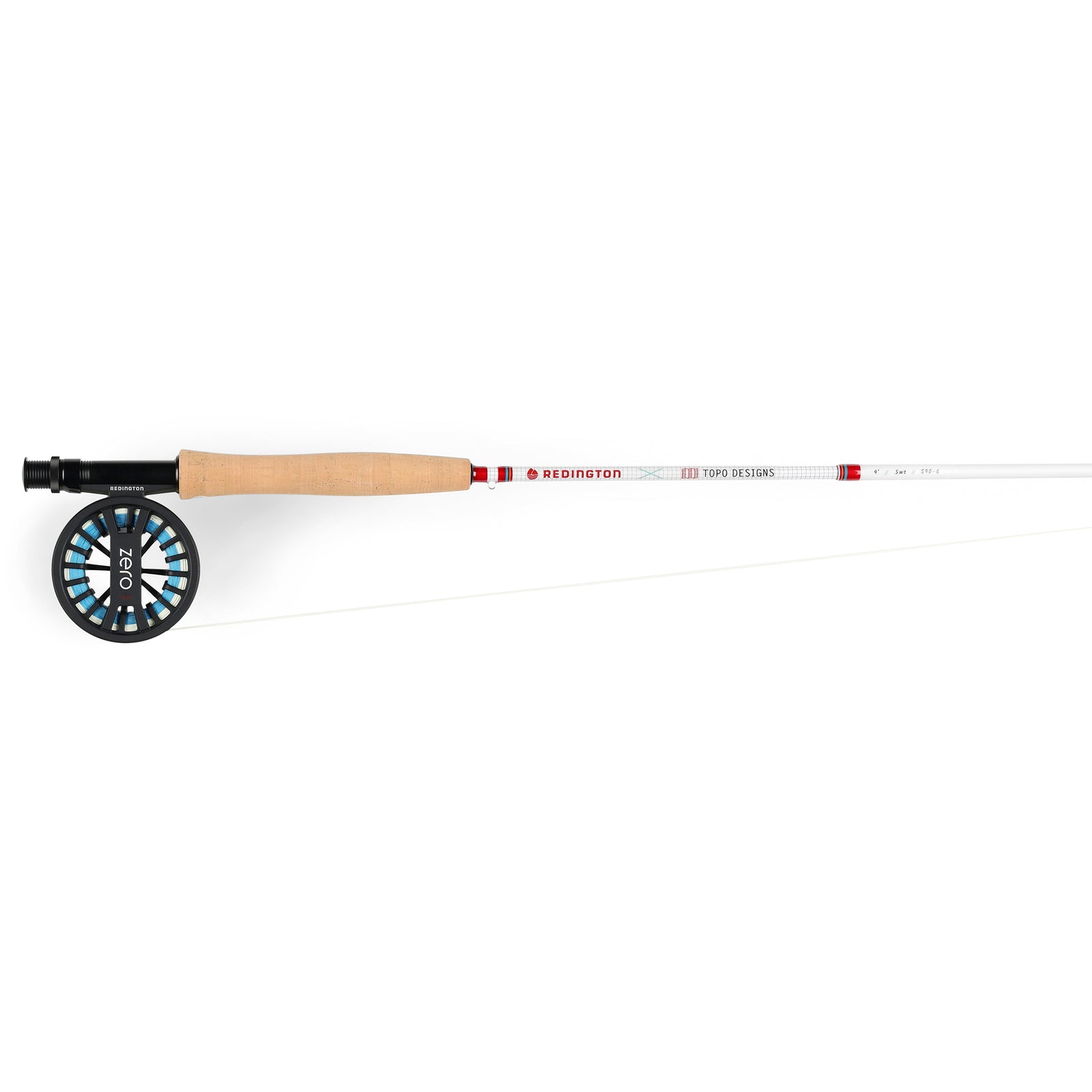 Topo Designs x Redington Fly Fishing Kit in "White / Turquoise" showing rod and reel.