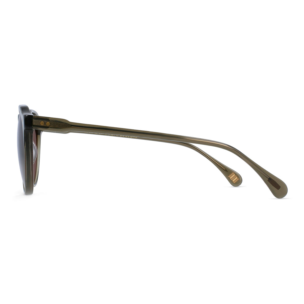 Side view of Topo Designs x RAEN Remmy Sunglasses in Khaki Crystal/Polar Borwn.