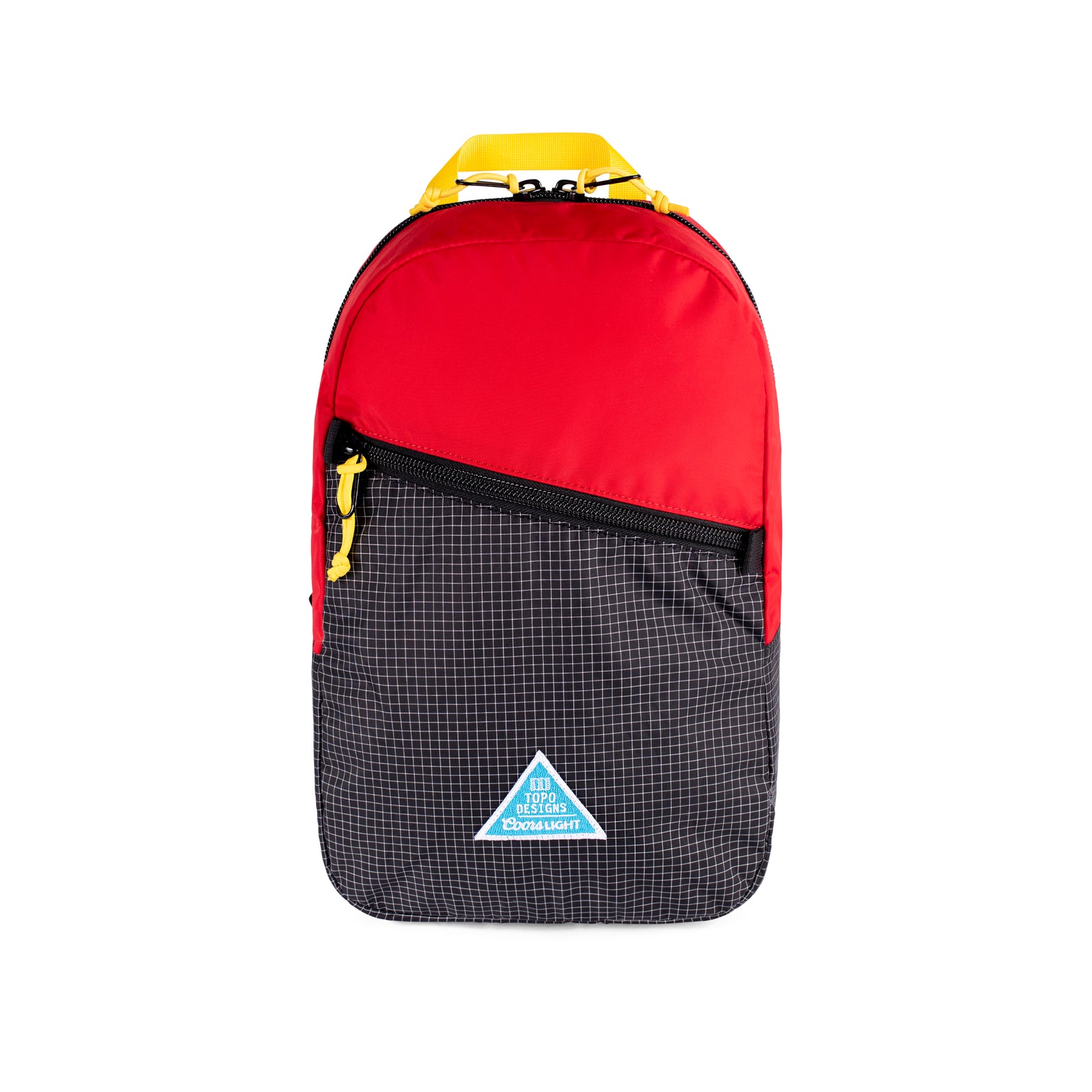 Front view of Topo Designs x Coors Light Light Pack backpack in red/black ripstop
