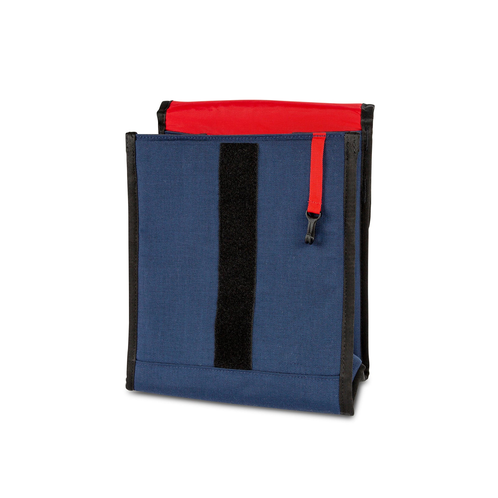 Topo Designs x New Belgium Fat Tire 6-pack beer Cooler Bag in Navy blue / red showing key clip under front flap.