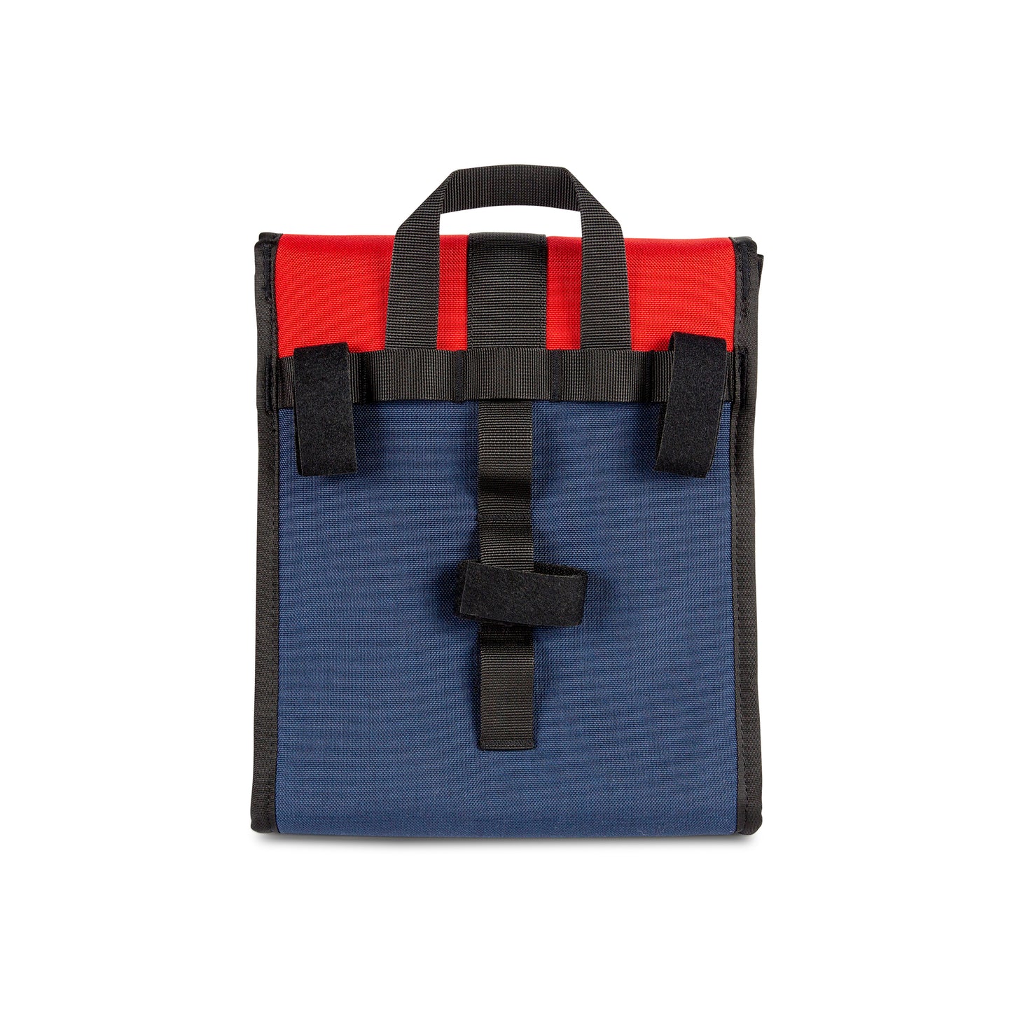 Topo Designs x New Belgium Fat Tire 6-pack beer Cooler Bag in Navy blue / red showing bike velcro attachment points on back and carry handle.