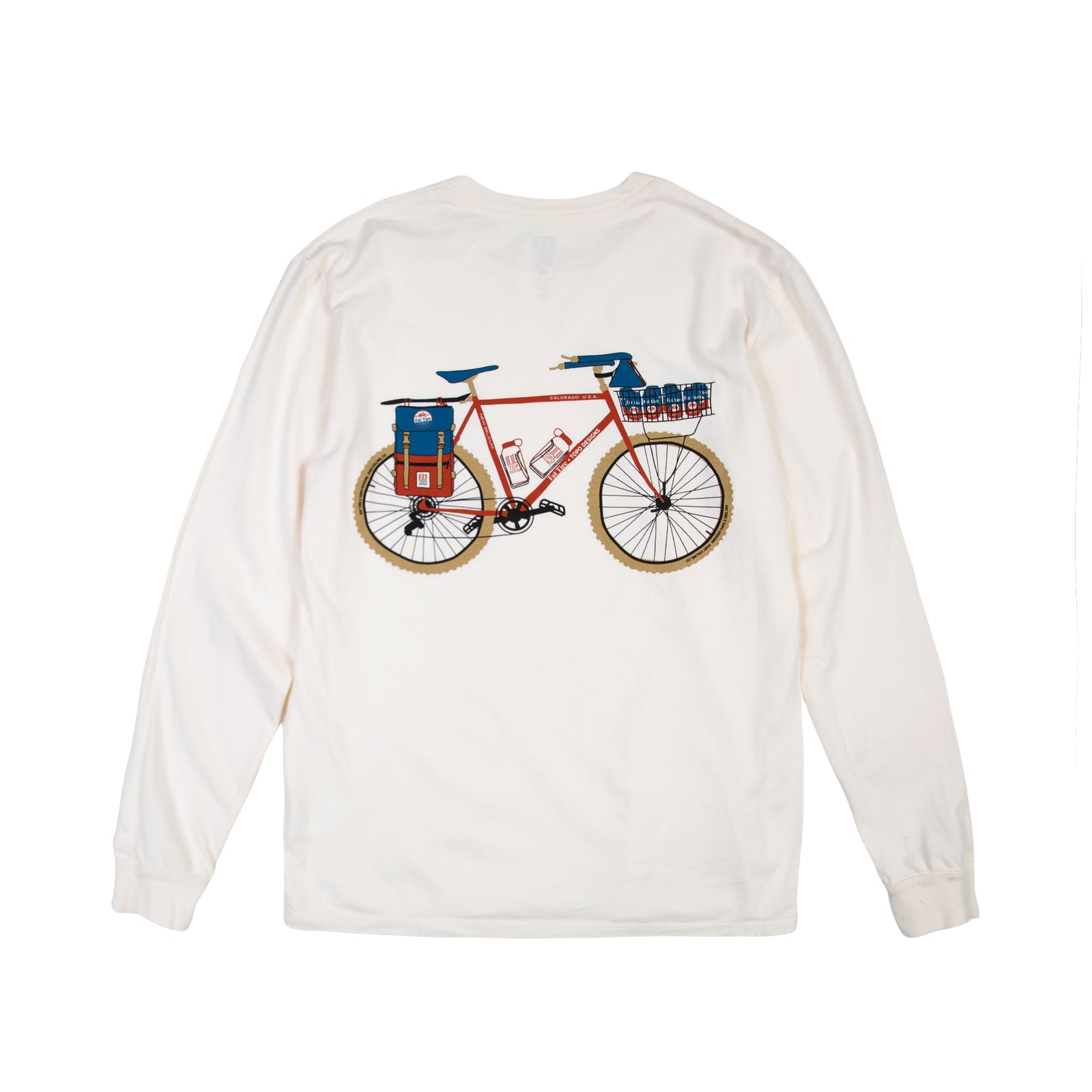 Back bike graphic on Topo Designs x New Belgium Fat Tire Men's Long Sleeve T-Shirt in Natural white.