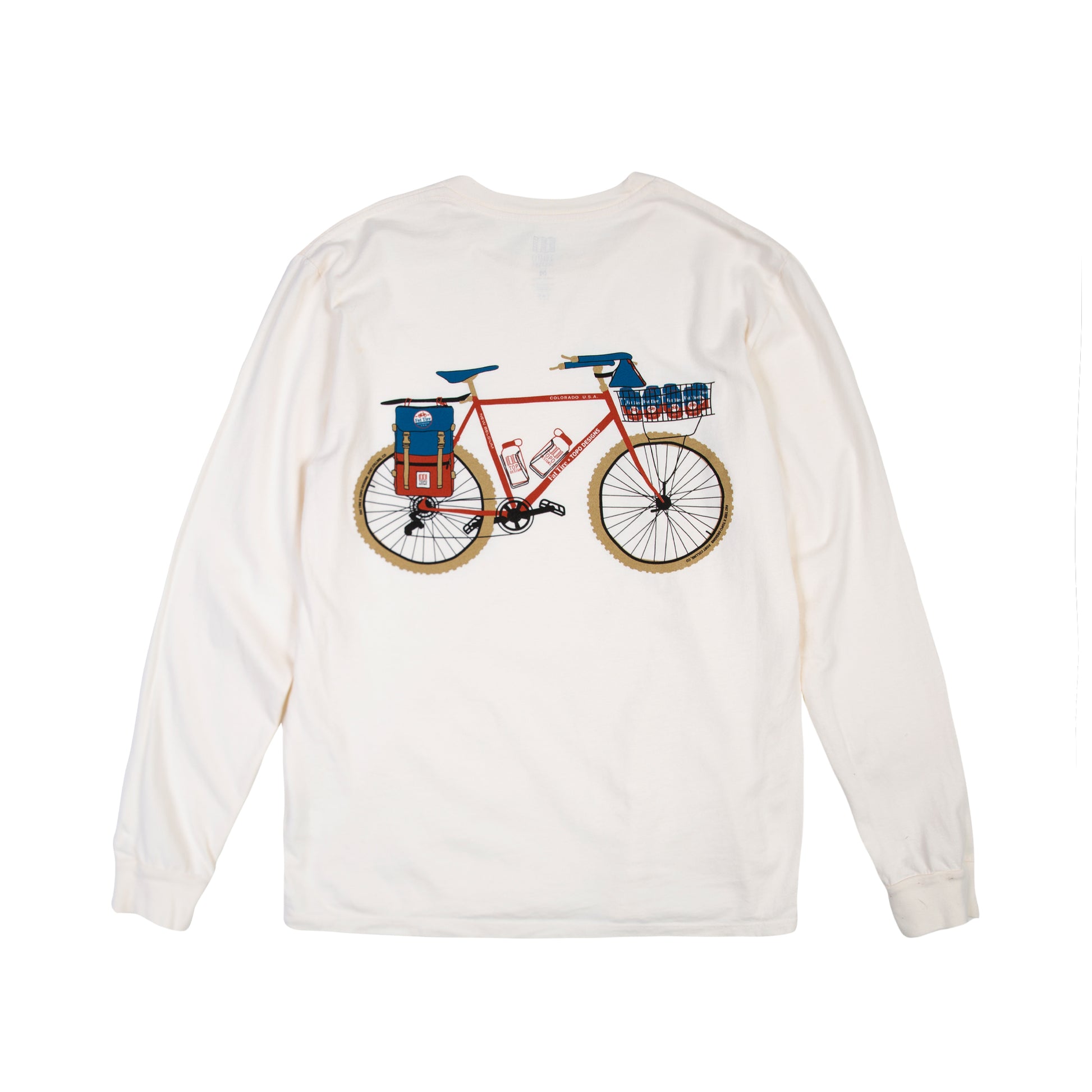 Back bike graphic on Topo Designs x New Belgium Fat Tire Men's Long Sleeve T-Shirt in Natural white.