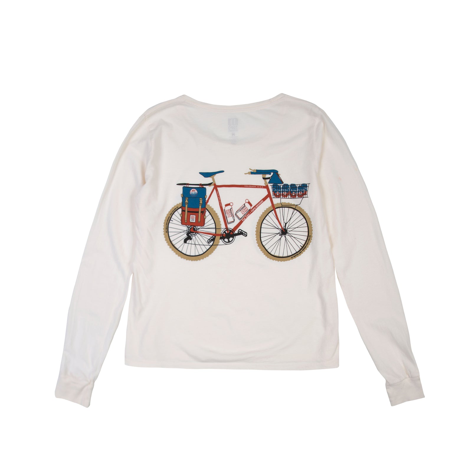 Back bike graphic on Topo Designs x New Belgium Fat Tire Women's Long Sleeve T-Shirt in Natural white.
