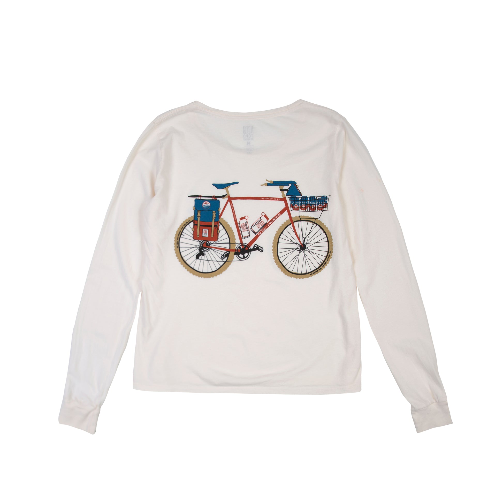 Back bike graphic on Topo Designs x New Belgium Fat Tire Women's Long Sleeve T-Shirt in Natural white.