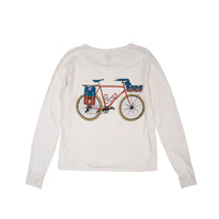 Back bike graphic on Topo Designs x New Belgium Fat Tire Women's Long Sleeve T-Shirt in Natural white.