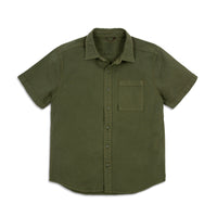 Topo Designs Men's Short Sleeve 100% organic cotton button up Dirt Shirt in "Olive" green.