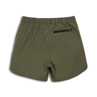 Topo Designs Men's River Shorts Lightweight quick dry swim trunks in "Olive" green.